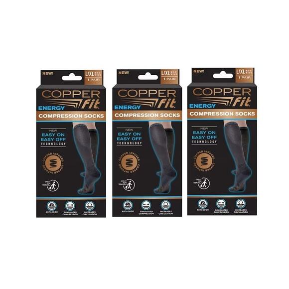 3 Pack Copper Fit Energy Compression Socks Unisex Black L/XL M 9-1 2/ W 10-13 - Picture 1 of 1